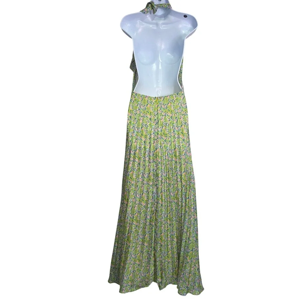 ByTiMo Plisse Pleated Halterneck‎ Maxi Dress In Green Garden Open Back  Large